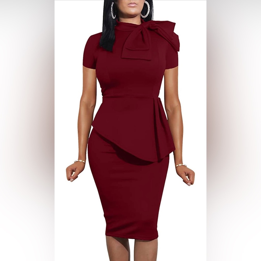LAGSHIAN Bodycon Short Sleeve Bow Club Ruffle Pencil Party Dress- wine red- XL